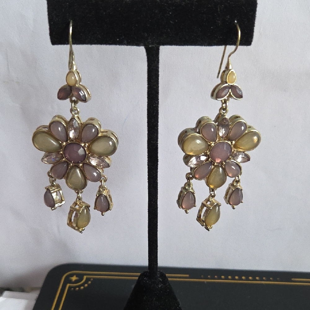 Gold-Tone Pink and Cream Floral Drop Earrings